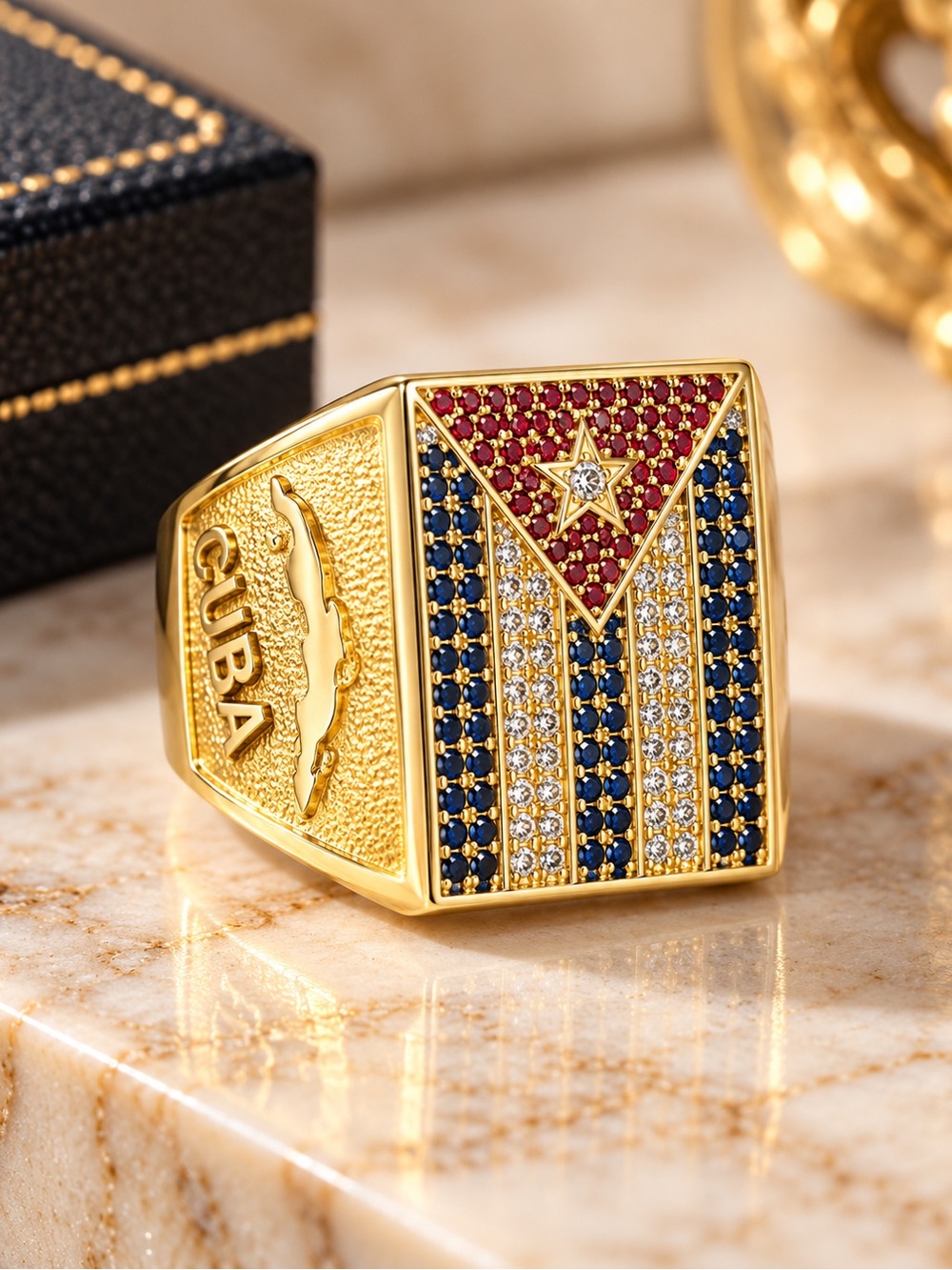 Gold Cuban Flag Statement Ring - Red, Blue & White Mens Accessory